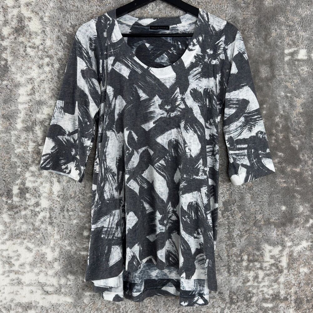 Nally and Millie Womens Sz S Abstract 3/4 Sleeve‎ Top Gray Casual Shirt Pullover